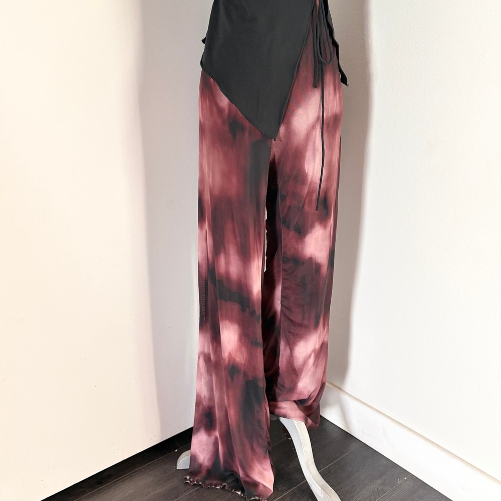 Fashion Nova Womens Large Burgundy Black Tie Dye Mesh Flare Pants Lettuce Hem